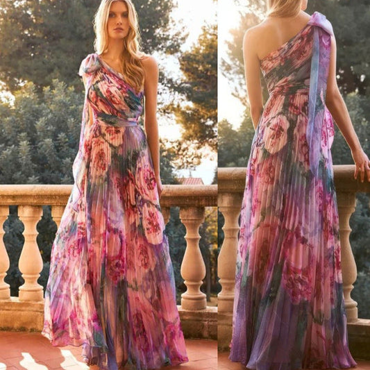 Damen Schulterfreies Maxikleid Floralmuster Faltenrock - Eveloria