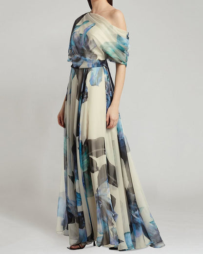 Damen Chiffon-Kleid Schulterfrei Floralmuster Eveloria