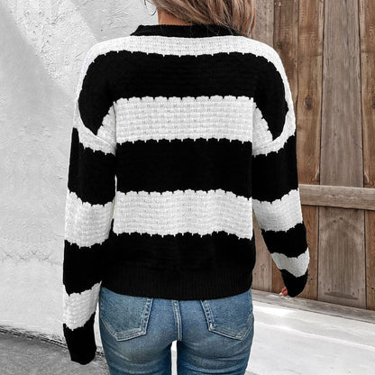 Damen Pullover Gestrickt Blockstreifen Lässig Beige