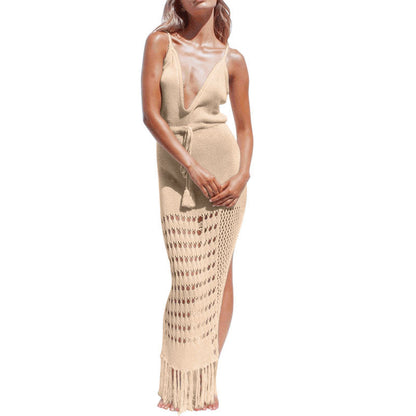Damen Strickkleid V-Ausschnitt Fransen Eveloria
