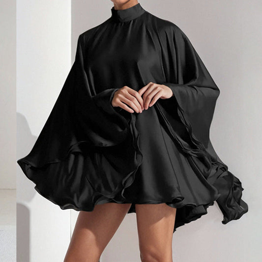 Damen Minikleid Hochgeschlossen Fließend Schwarz Eveloria - Eveloria