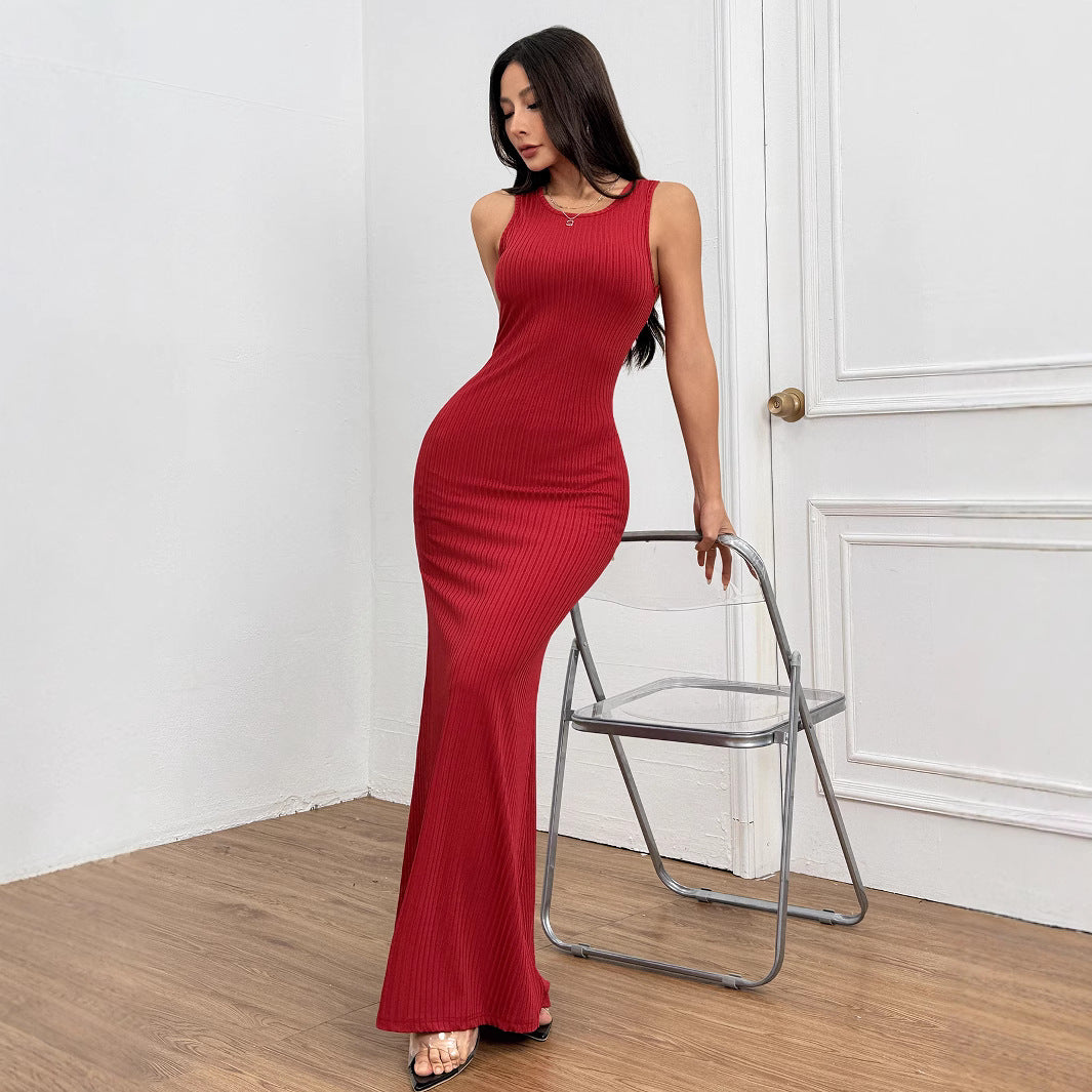 Damen Ripp Maxi-Kleid Figurbetont Rundhalsausschnitt Eveloria