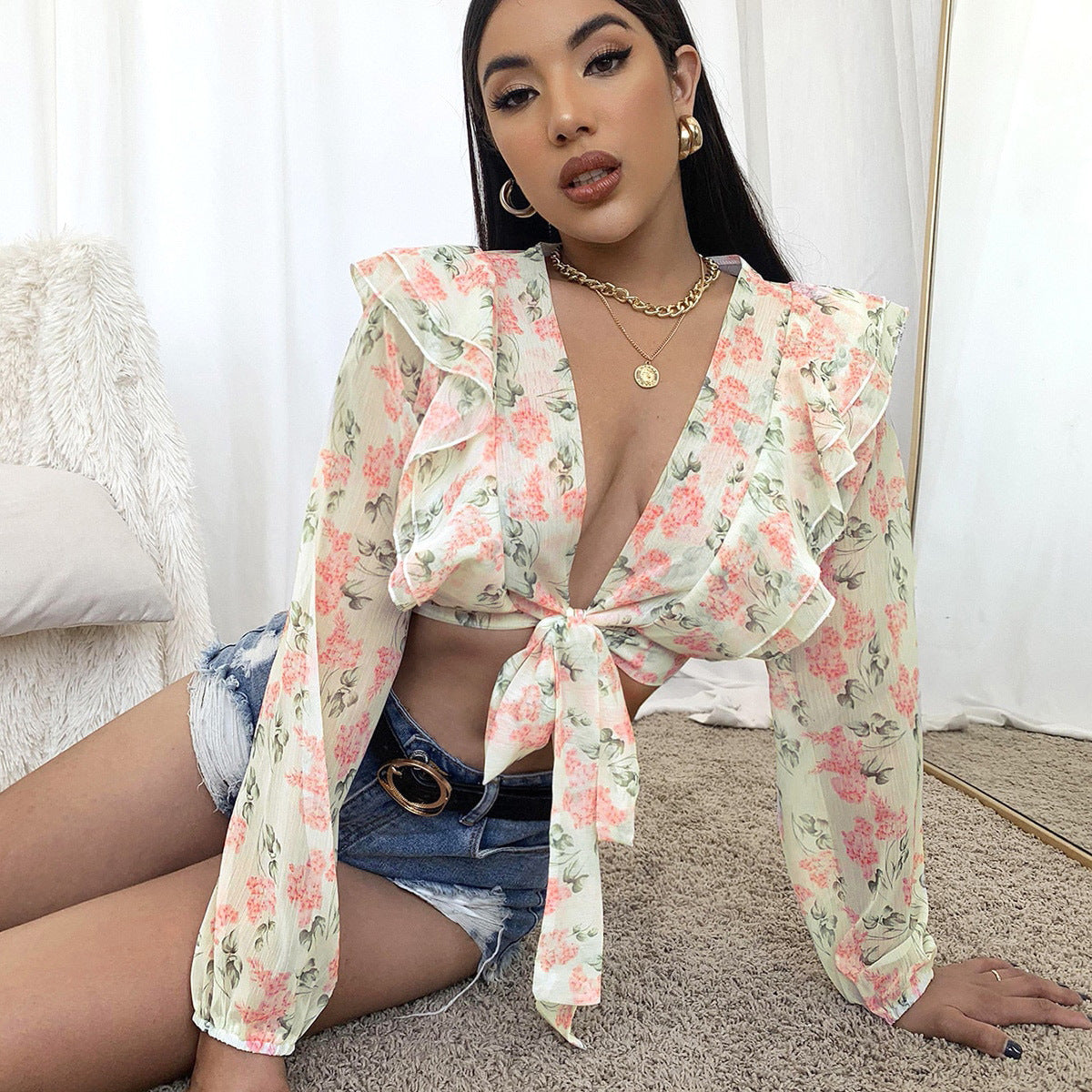Damen Bluse Rüschen Floralmuster Eveloria