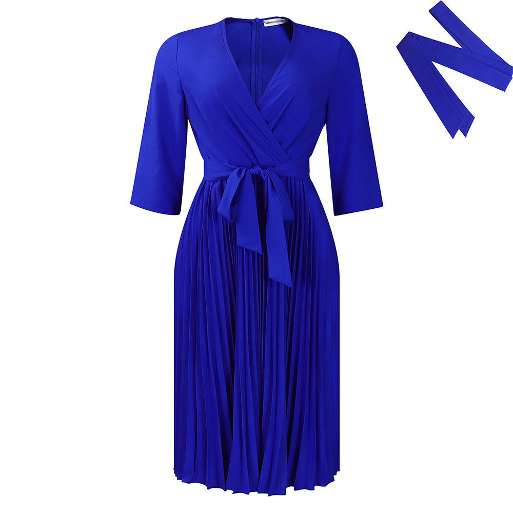 Damen Wickelkleid Plissiert Elegant Taillengürtel Eveloria