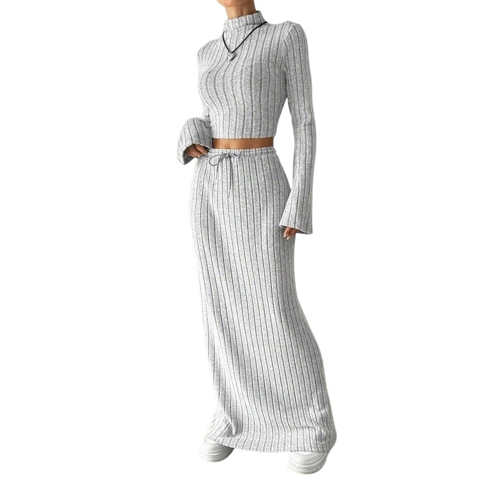 Damen Langarm Crop- und Maxi-Rock Set Rippstruktur Eveloria