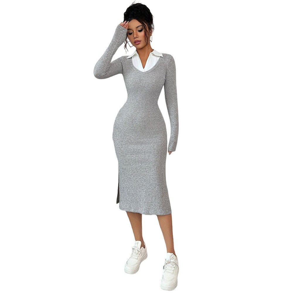 Damen Langarmkleid Figurbetont Polo-Kragen