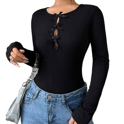 Damen Bodysuit Langarm mit Schleifen Dekoration Eveloria