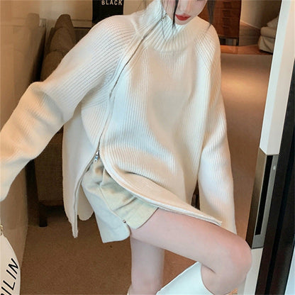 Damen Rollkragenpullover Oversized mit Reißverschluss und Rippenmuster