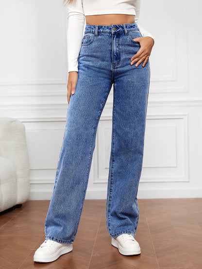Damen High-Waist Jeans Weit Bequem Blau Eveloria