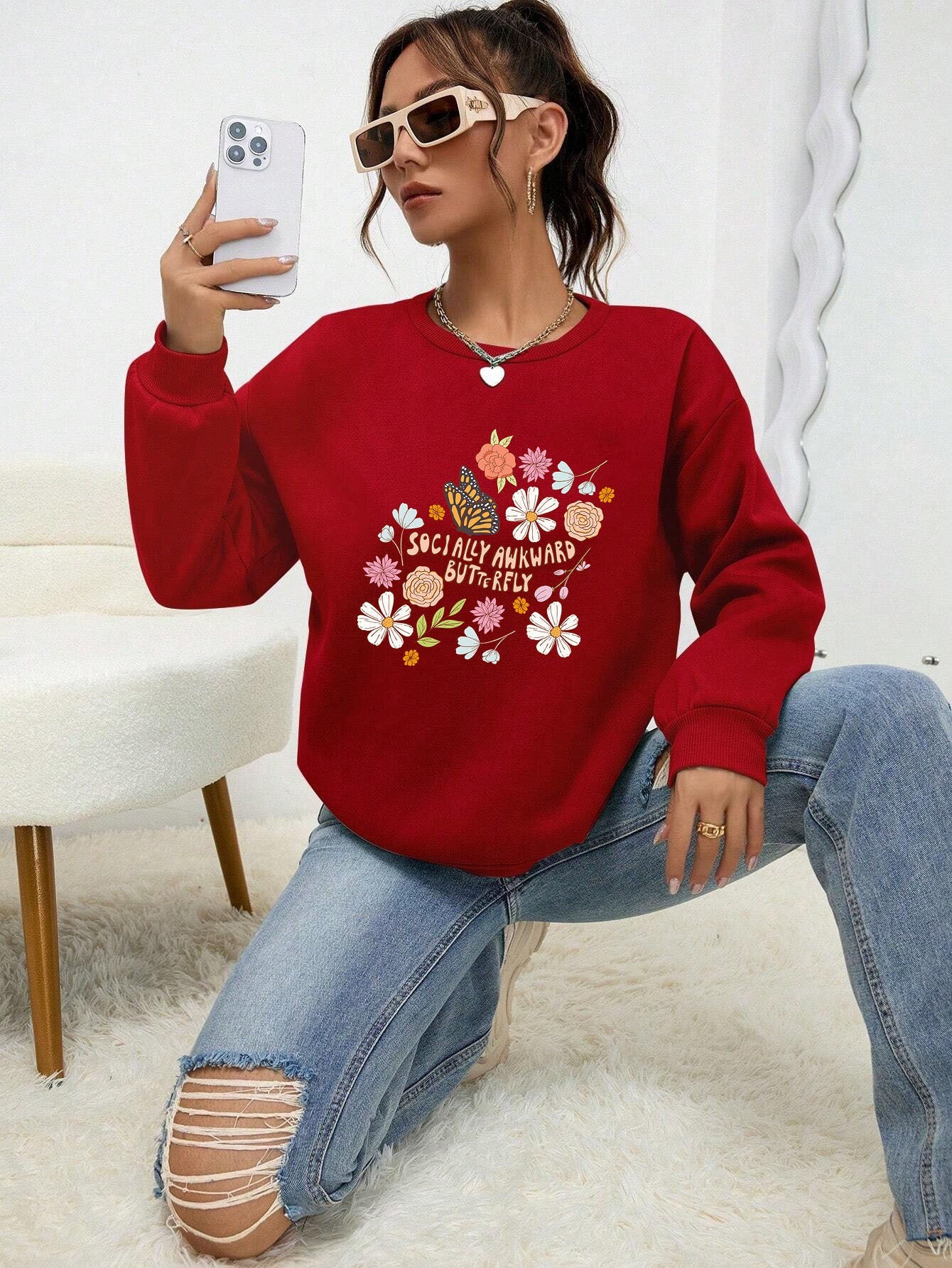 Damen Sweatshirt Floralmuster Weich Pastell