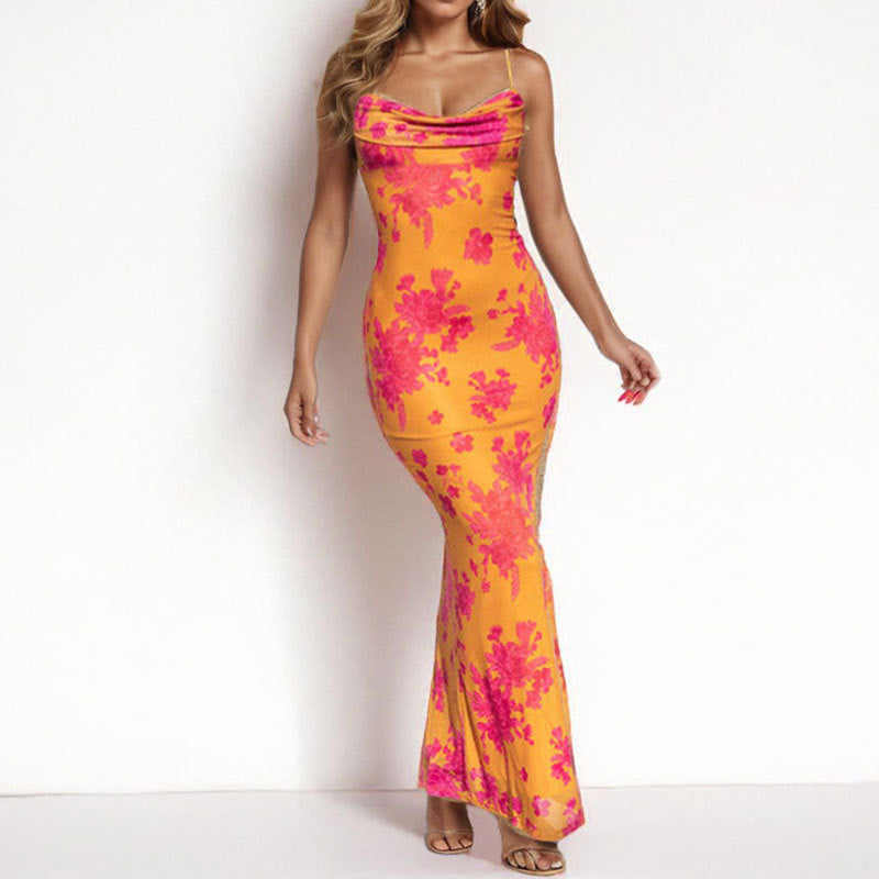 Damen Maxi-Kleid Elegant Wasserfallausschnitt Spaghetti-Träger