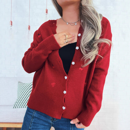 Damen Strickjacke Bunt Stickdesign Knopfverschluss - Eveloria