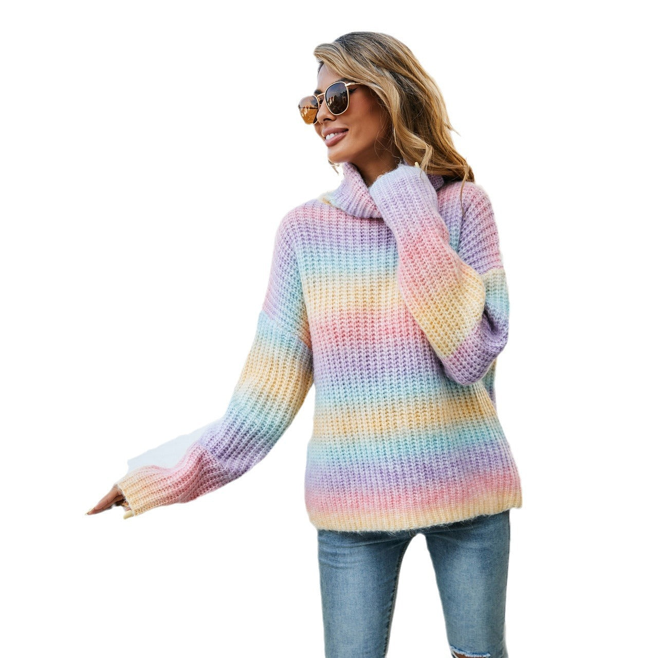 Damen Pullover Weitem Rollkragen Bunt Wellenmuster