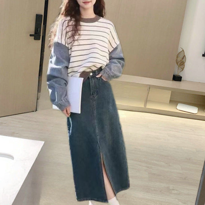 Damen Sweater mit Denim-Ärmeln Blau Eveloria