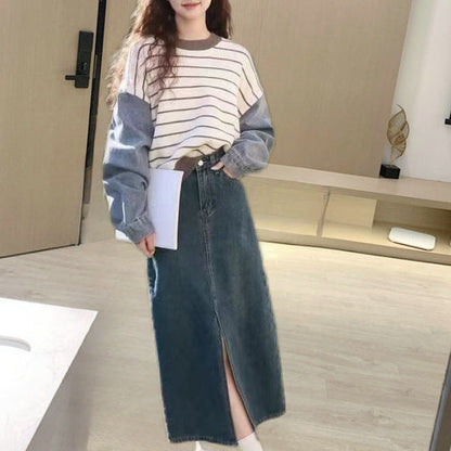 Damen Sweater mit Denim-Ärmeln Blau Eveloria