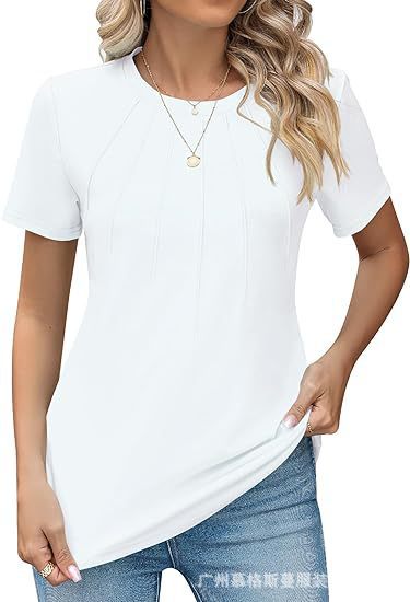 Eveloria Damen Rundhals T-Shirt Plissee Weiss