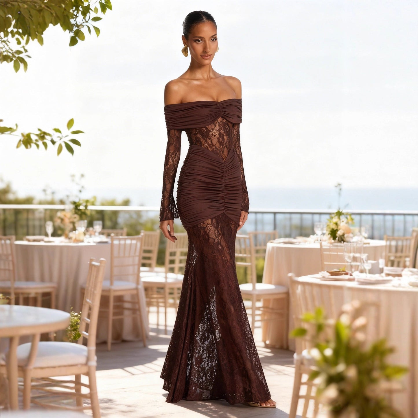 Damen Maxikleid Spitze Raffiniert Schulterfrei