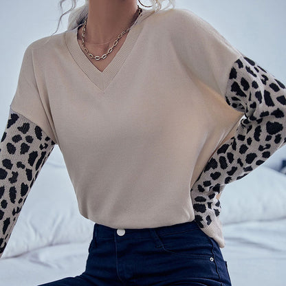 Damen Strickpullover V-Ausschnitt Leopardenmuster Ärmel