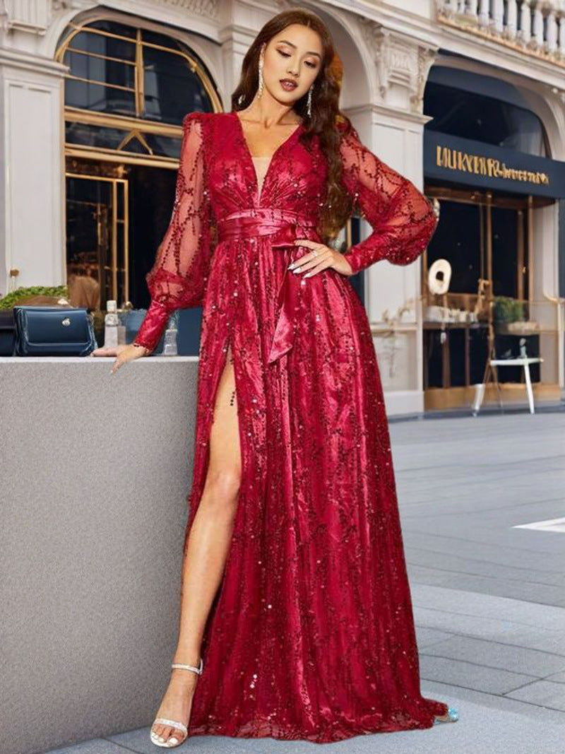 Damen Abendkleid Glitzernd Hochgeschlossener V-Ausschnitt