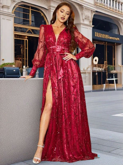 Damen Abendkleid Glitzernd Hochgeschlossener V-Ausschnitt