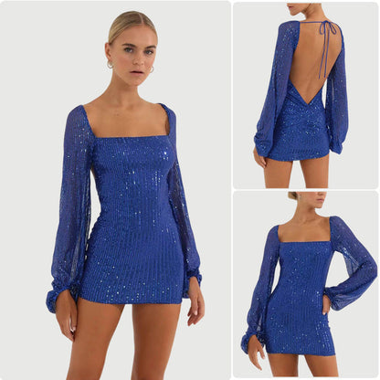 Damen Paillettenkleid mit transparenten Ärmeln Figurbetont Schwarz - Eveloria