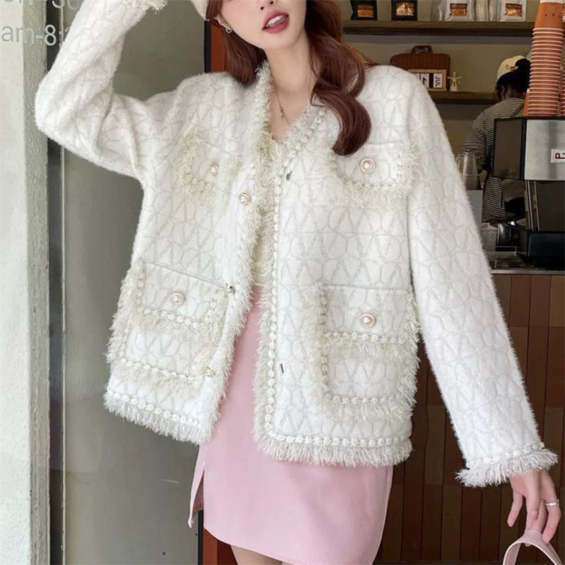 Damen Strickjacke Flauschig mit Knöpfen und Dekorsaum