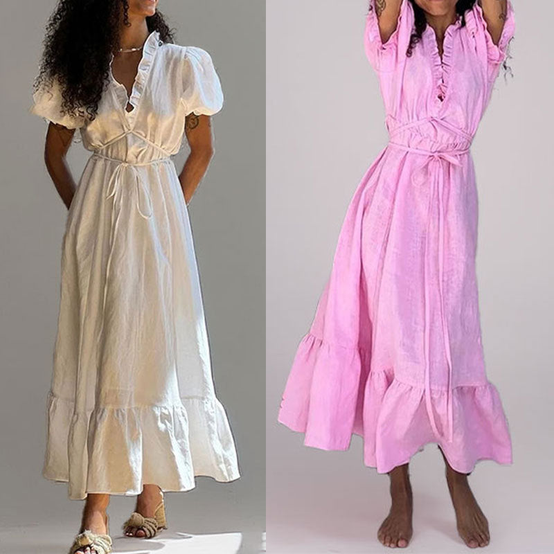Damen Maxikleid Luftig Wickeloptik Rüschensaum Eveloria