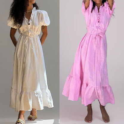 Damen Maxikleid Luftig Wickeloptik Rüschensaum Eveloria