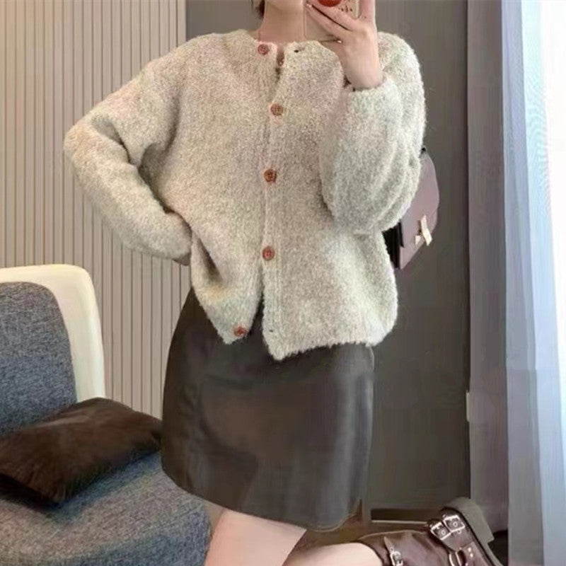 Damen Strickjacke Kuschelig Weit Knöpfe Beige