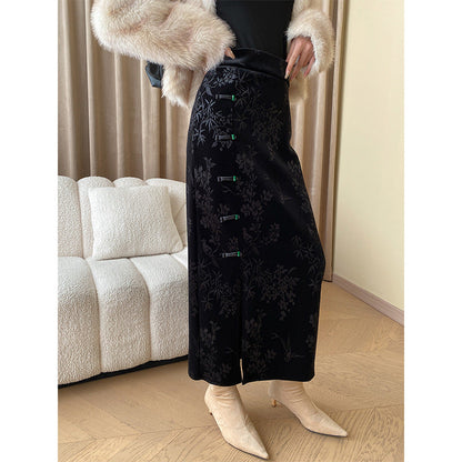 Damen Maxikleid Florales Samt-Design Elegantem Schlitz