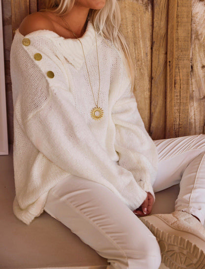 Damen Oversized Strickpullover Hochkragen Dekorative Knöpfe