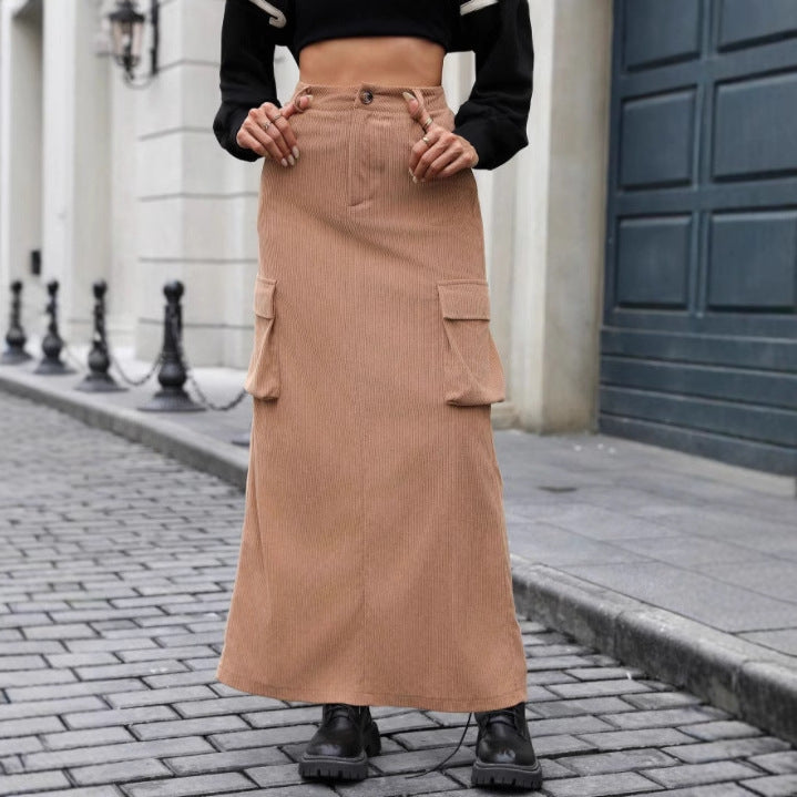 Damen Cargo Rock Midi mit Seitentaschen Elastischer Bund Schwarz - Eveloria