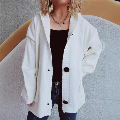 Damen Strickjacke Kapuze Aufgesetzte Taschen Kuschelig Grau Eveloria