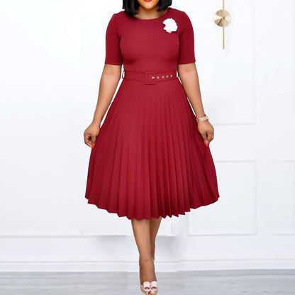 Damen Plissiertes Kleid Taillengürtel Elegantes Design