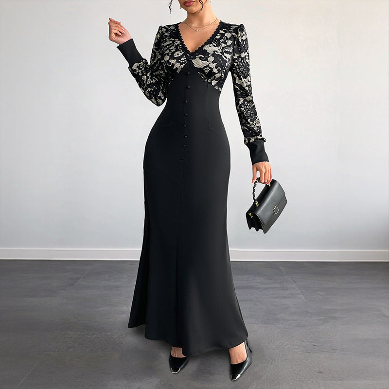 Damen Maxikleid Spitze Tailliert