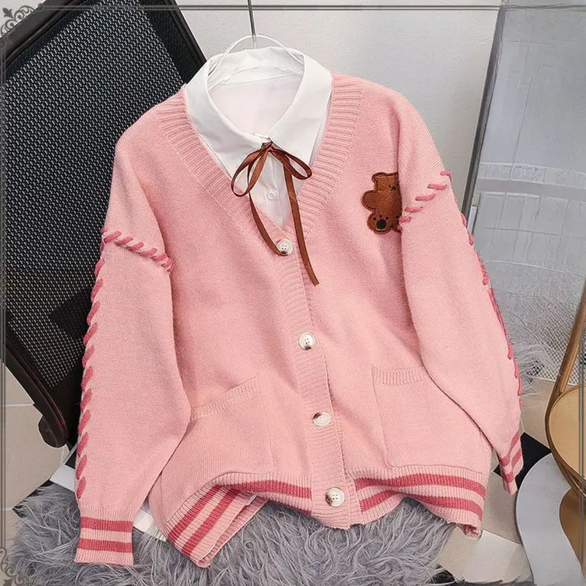 Damen Strickjacke Flauschig Bärenmotiv Eveloria