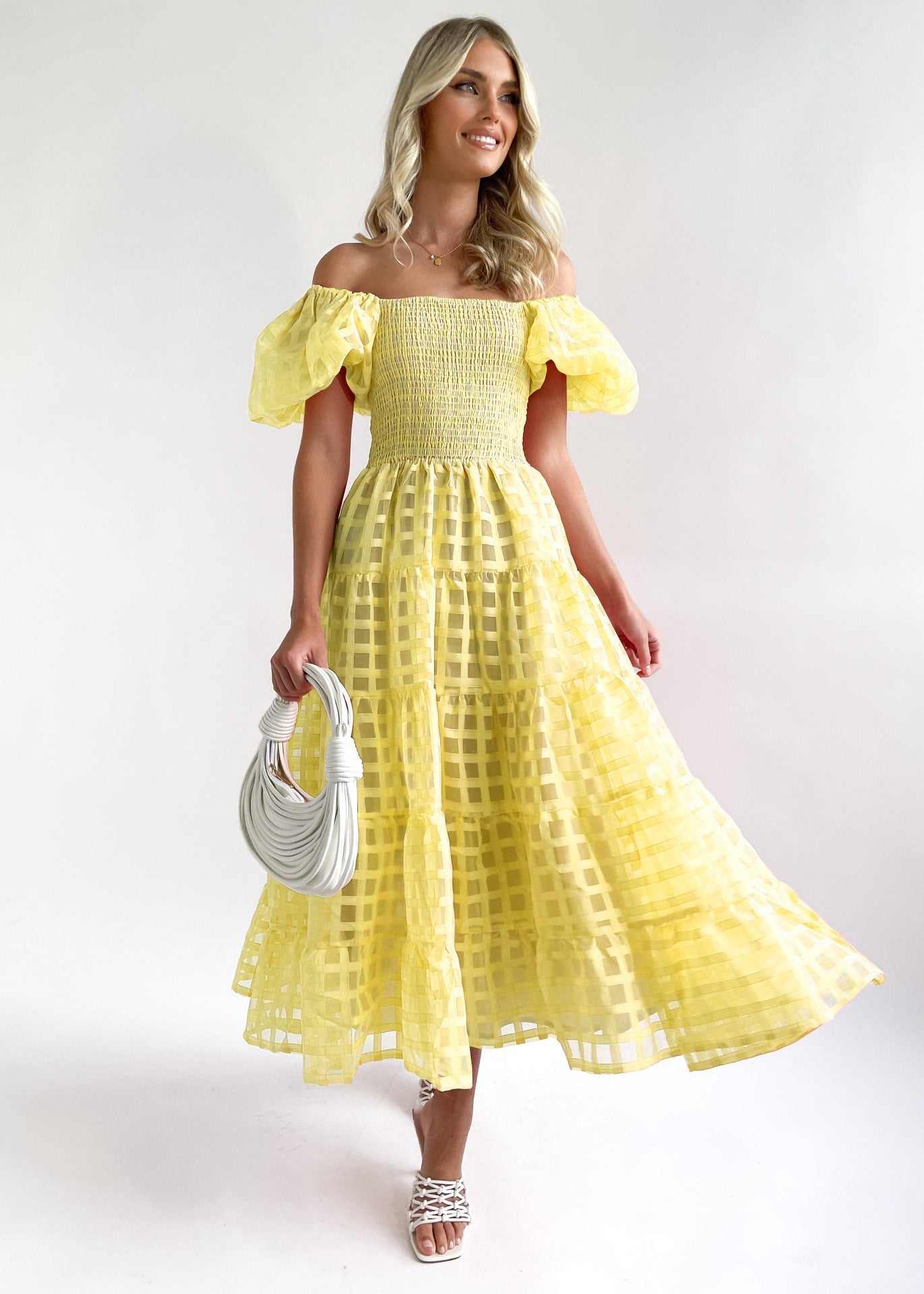Damen Maxi-Kleid Puffärmel Elastisch Eveloria