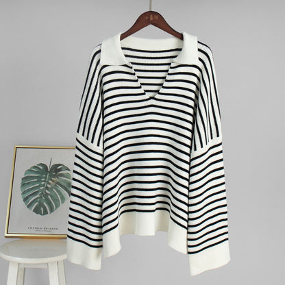 Damen Strickpullover Gestreift Gemütlich Eveloria