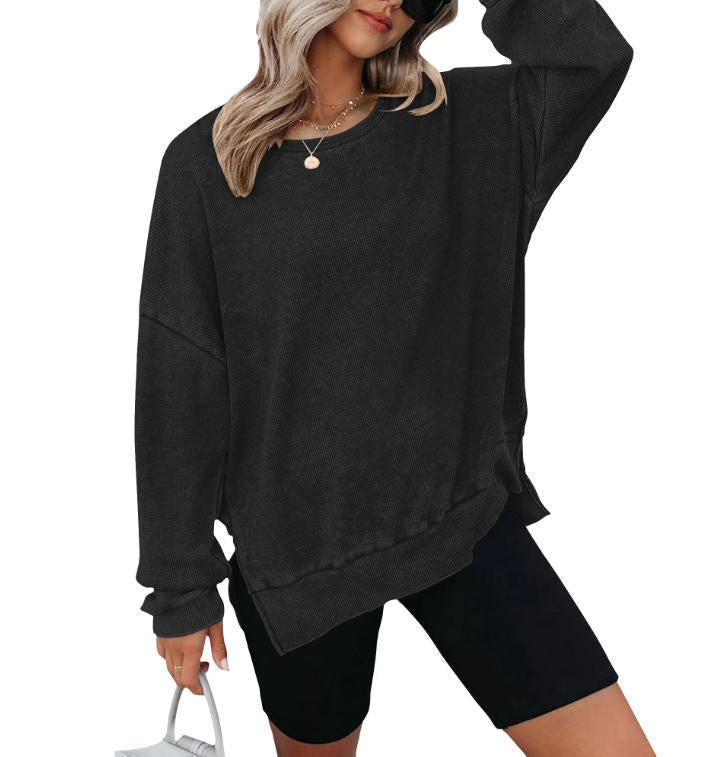 Damen Waffelpullover Lässig Mit Seitenschlitzen Grau Eveloria