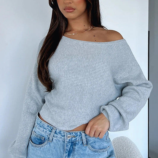 Damen Crop-Pullover Asymmetrischer Ausschnitt Rippstruktur Beige - Eveloria