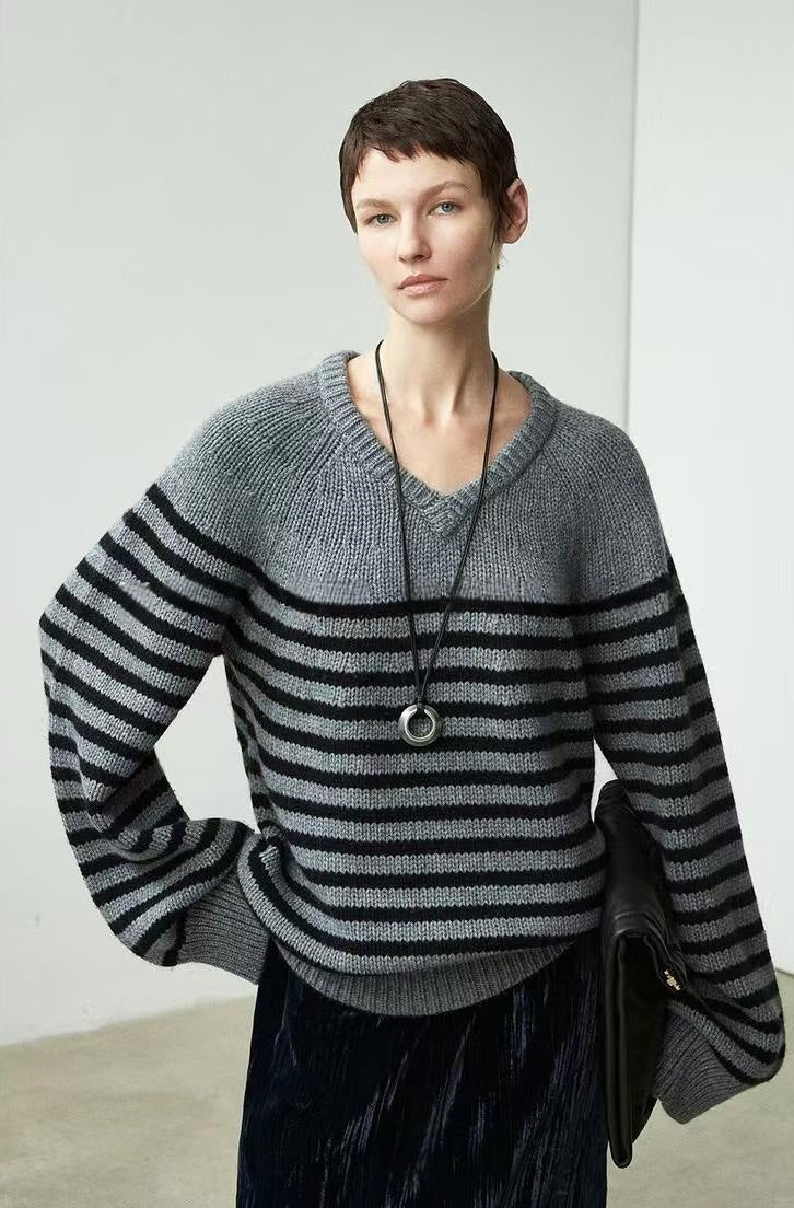 Damen Pullover V-Ausschnitt Streifenmeliert Grau
