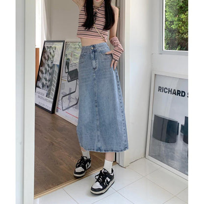 Damen Midi-Denimrock Lässig Mit Seitenschlitzen Blau Eveloria