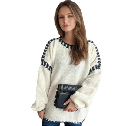 Damen Grobstrickpullover Lässiger Schnitt Gestreifte Ärmel