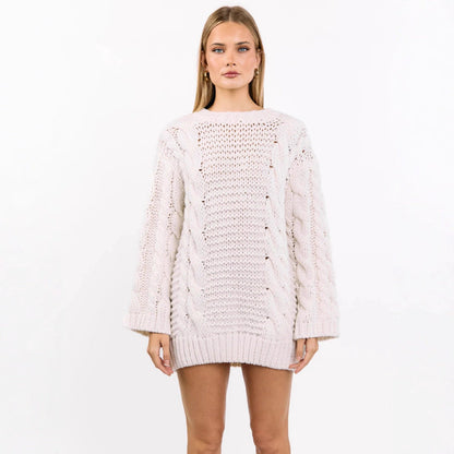 Damen Grobstrickpullover Zopfmuster Lässig Beige