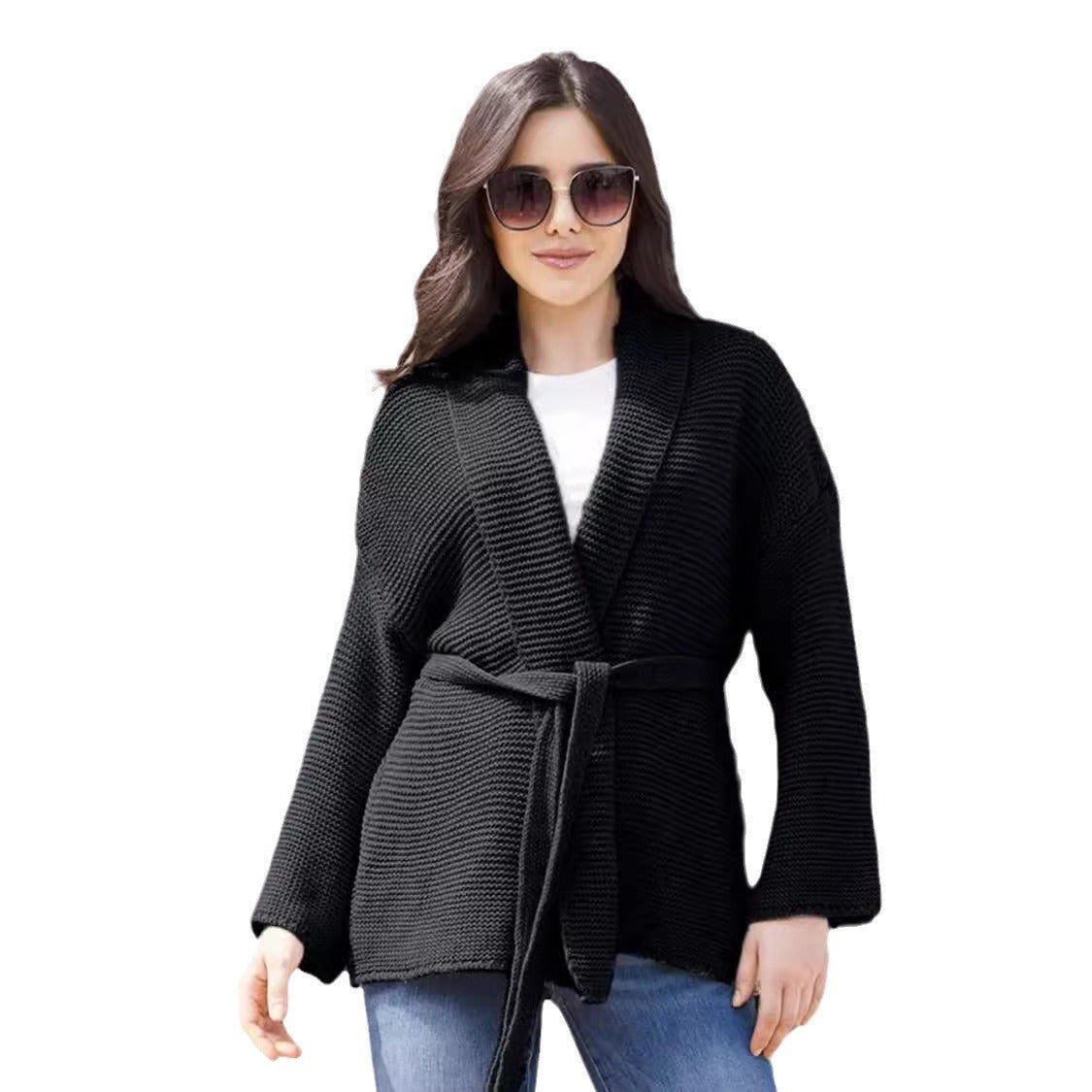 Damen Strickjacke Wickeldesign Bindegürtel Beige Eveloria