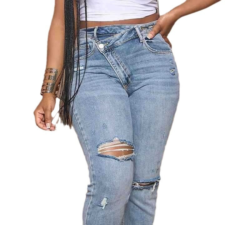 Damen Ripped Boyfriend Jeans Hochbund Lässig Blau Eveloria