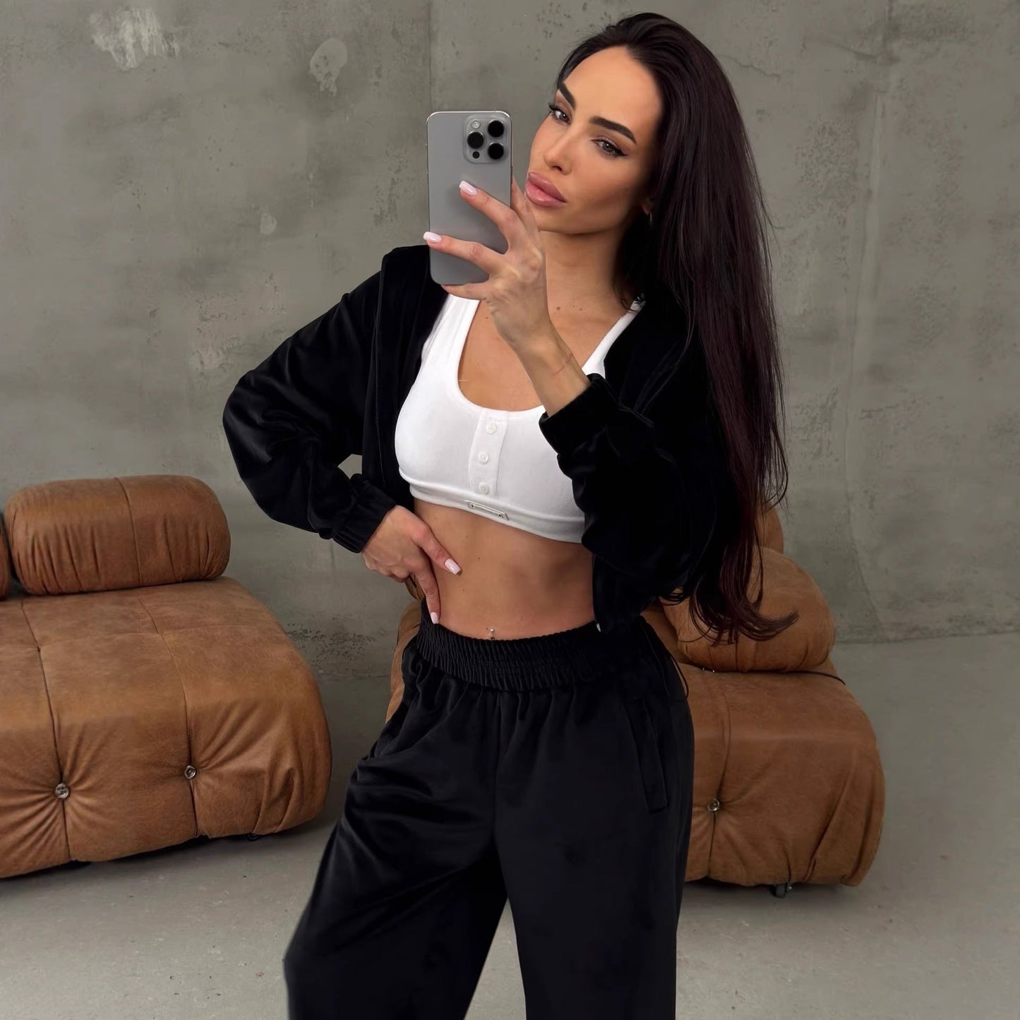 Damen Velours Jogginganzug Kurzärmelig Weite Beine