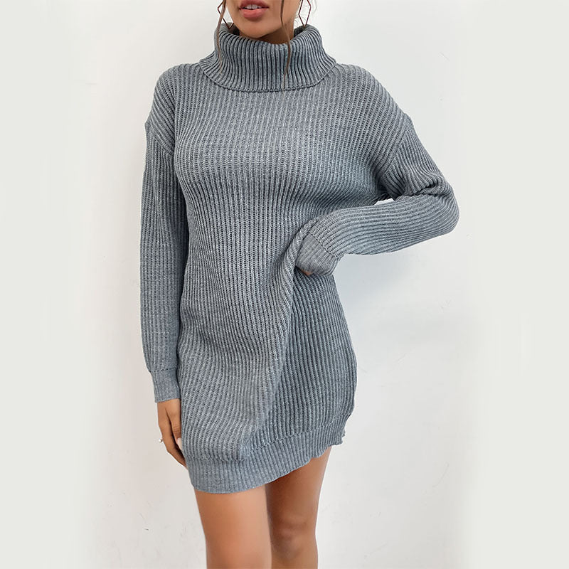 Damen Strickkleid Rollkragen Langer Ärmel Kuschelig Grau Eveloria - Eveloria