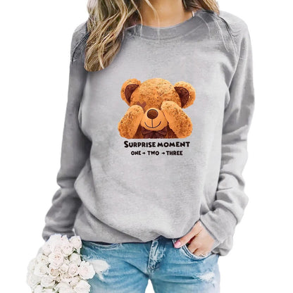 Damen Sweatshirt Bärenmotiv Baumwolle Weiß