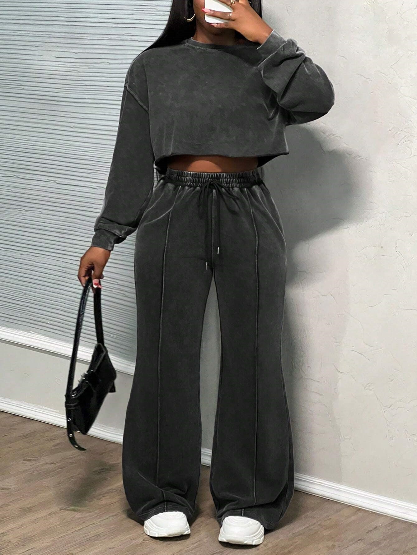 Damen Cropped Loungewear-Set Weites Hosenbein Hochwerder Bund Eveloria